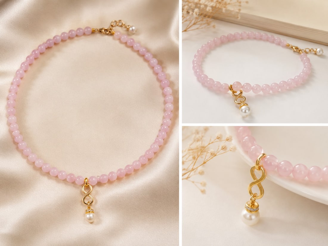 Rose Quartz Beaded Necklace With Pearl Charm – Gold Tone Accents: Title: Rose Quartz Beaded Necklace With Pearl Charm – Gold Tone Accents Description: Delicate and feminine necklace crafted from soft pink rose quartz beads, beautifully complemented by elegant