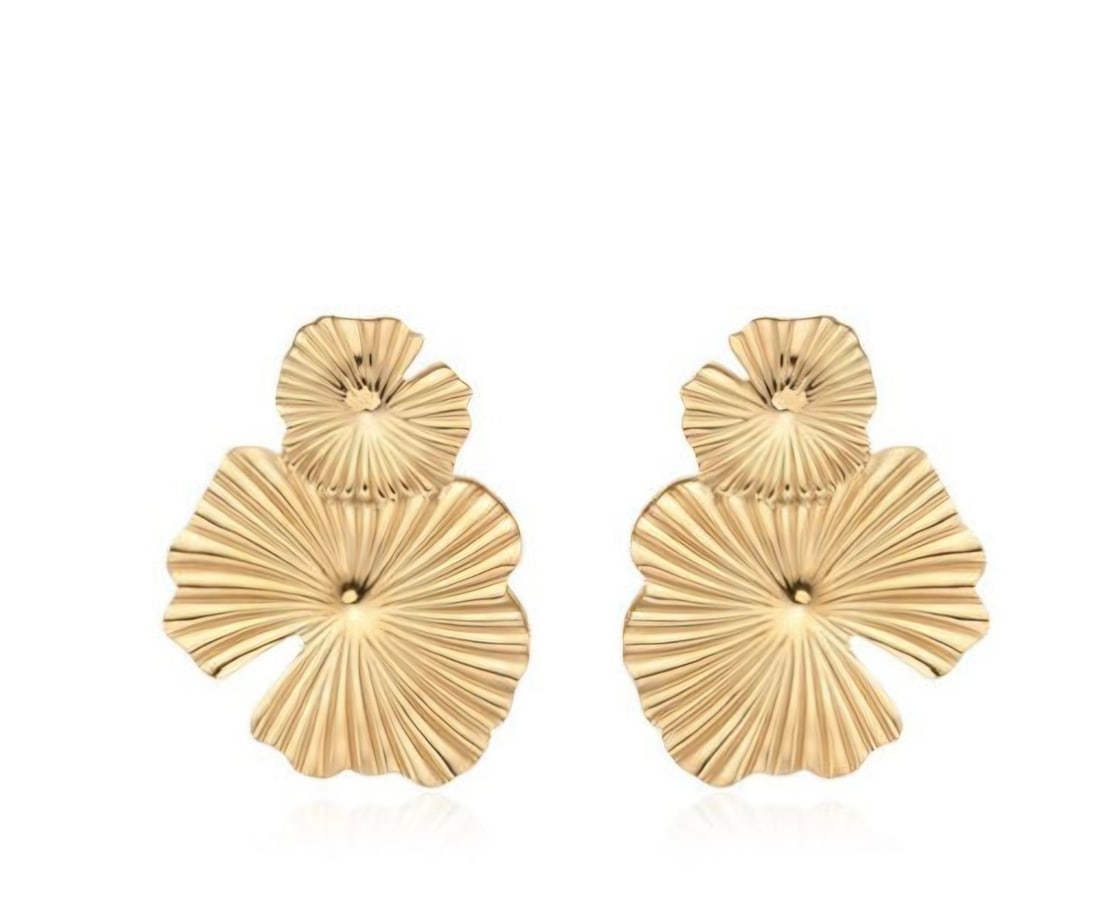Golden Floral Statement Earrings: Title: Golden Floral Statement Earrings Description: Elegant gold-tone statement earrings inspired by blooming flowers. Featuring a layered floral design with delicate radiating textures, these
