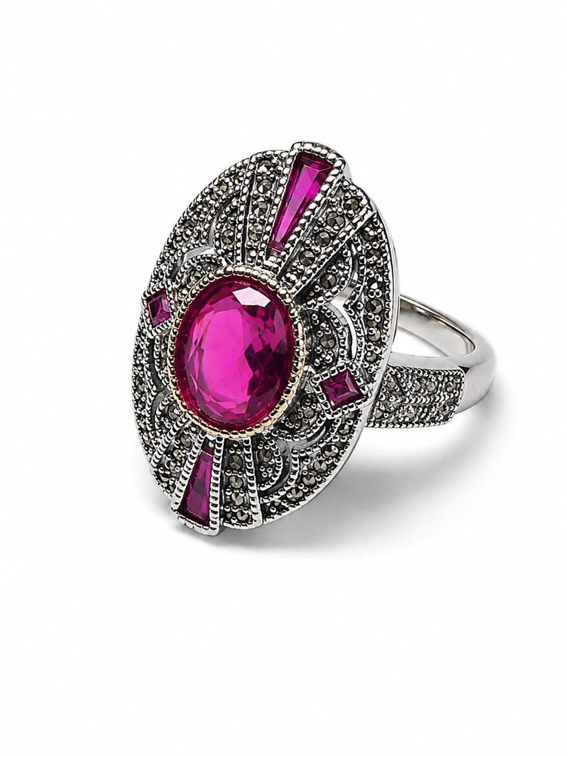 Vintage Art Deco Style Pink Crystal Statement Ring – Silver Tone: Title: Vintage Art Deco Style Pink Crystal Statement Ring – Silver Tone Description: Elegant Art Deco-inspired statement ring featuring a brilliant oval pink crystal centrepiece surrounded by