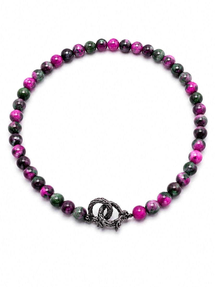 8mm Natural Tourmaline Bead Necklace With Designer Gunmetal Clasp: Title: 8mm Natural Tourmaline Bead Necklace With Designer Gunmetal Clasp Description: Elegant necklace featuring polished 8mm natural tourmaline gemstone beads in vibrant shades of pink, green, and