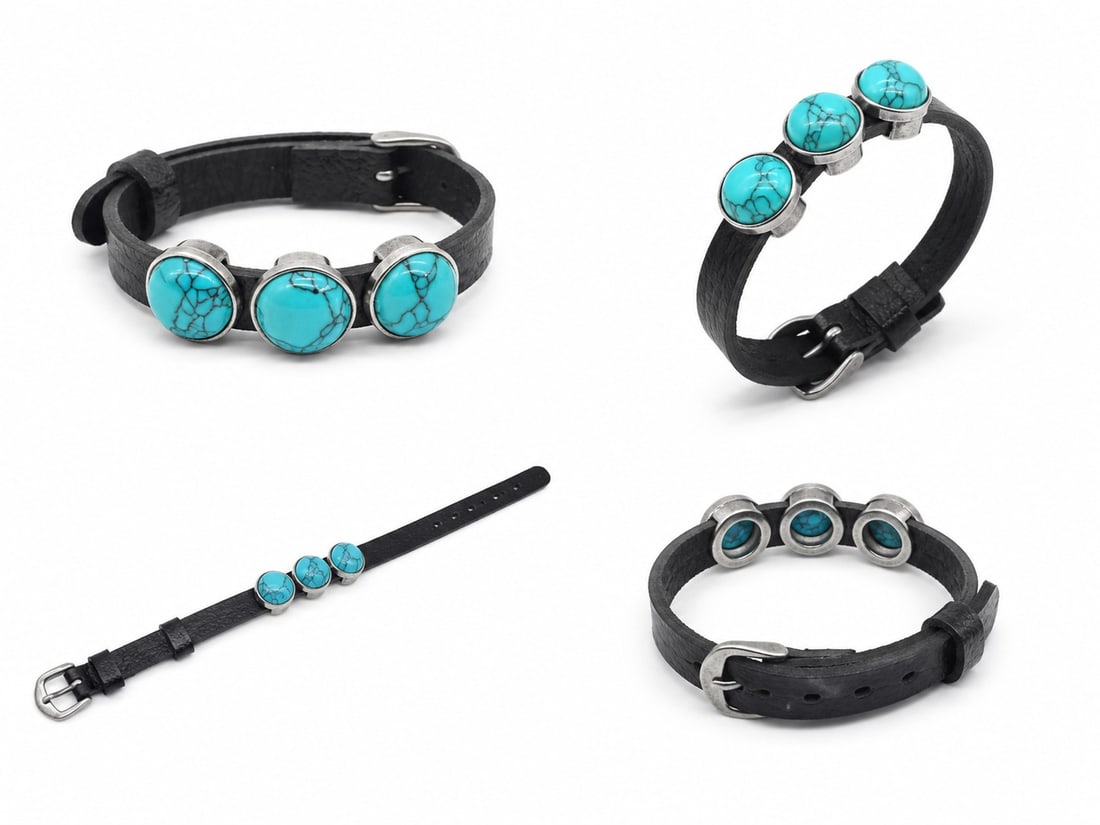Black Leather Bracelet With Three Turquoise Stones – Adjustable Fit: Title: Black Leather Bracelet With Three Turquoise Stones – Adjustable Fit Description: Stylish black leather bracelet featuring three round turquoise-style cabochons set in antique silver-tone