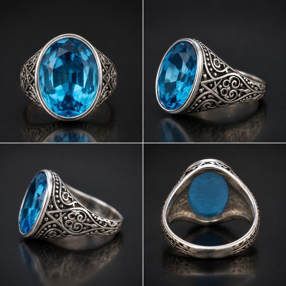 Vintage Style Blue Crystal Statement Ring – Silver Tone Filigree Design: Title: Vintage Style Blue Crystal Statement Ring – Silver Tone Filigree Design Description: Eye-catching statement ring featuring a large oval faceted blue crystal in an ornate silver-tone