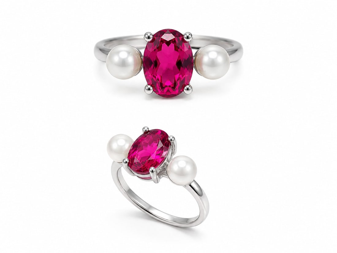 Ruby Corundum & Pearl Ring – Silver Plated Statement Ring Size 18