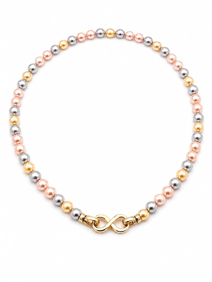 6mm Multicolor Synthetic Pearl Necklace With Gold Tone Infinity Clasp: Title: 6mm Multicolor Synthetic Pearl Necklace With Gold Tone Infinity Clasp Description: Elegant necklace featuring 6mm synthetic pearls in soft pink, gold, and silver tones. Finished with a