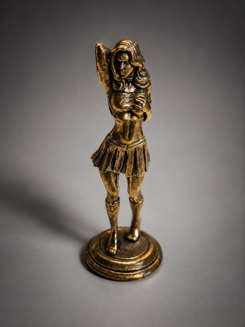 Vintage Bronze-Tone Lady Figurine – 7.5 cm Miniature Collectable: Title: Vintage Bronze-Tone Lady Figurine – 7.5 cm Miniature Collectable Description: Charming miniature bronze-tone figurine depicting an elegant lady standing on a decorative round