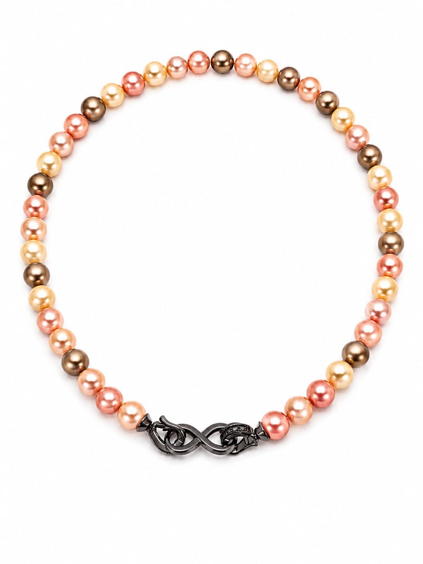 8mm Multicolor Synthetic Pearl Necklace With Black Infinity Clasp: Title: 8mm Multicolor Synthetic Pearl Necklace With Black Infinity Clasp Description: Elegant necklace featuring 8mm synthetic pearls in a beautiful blend of pink, ivory, and bronze tones. 