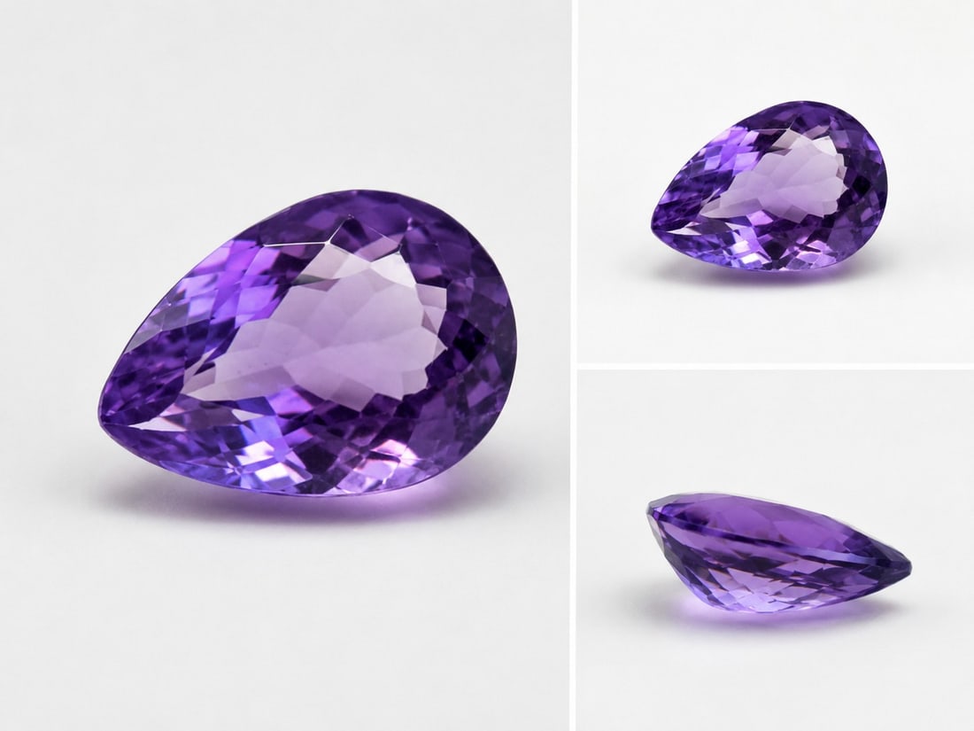 Natural Amethyst Pear Cut Gemstone 15.23 Carats – 18 × 13.8 mm: Title: Natural Amethyst Pear Cut Gemstone 15.23 Carats – 18 × 13.8 mm Description: Beautiful natural amethyst gemstone featuring a classic pear cut with exceptional brilliance and a rich