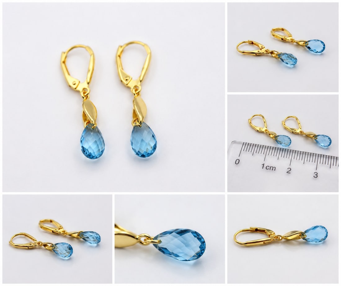 Natural Blue Topaz Teardrop Earrings – Gold Plated Leverback: Title: Natural Blue Topaz Teardrop Earrings – Gold Plated Leverback Description: Elegant drop earrings featuring faceted natural blue topaz gemstones in a classic teardrop cut. Set in