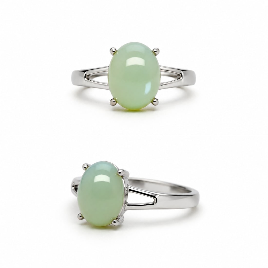 Adjustable Silver Plated Ring With Pale Green Cabochon Stone: Title: Adjustable Silver Plated Ring With Pale Green Cabochon Stone Description: Elegant adjustable ring featuring a smooth pale green oval cabochon stone set in a classic four-prong silver-plated