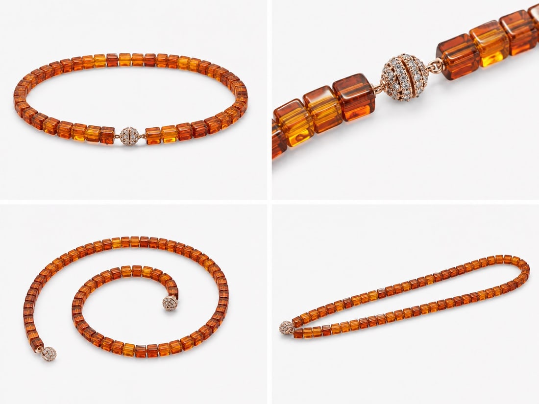 Amber-Coloured Cube Bead Necklace With Crystal Clasp – 40 cm: Title: Amber-Coloured Cube Bead Necklace With Crystal Clasp – 40 cm Description: Elegant necklace featuring translucent amber-colored cube beads arranged in a warm gradient of honey and cognac