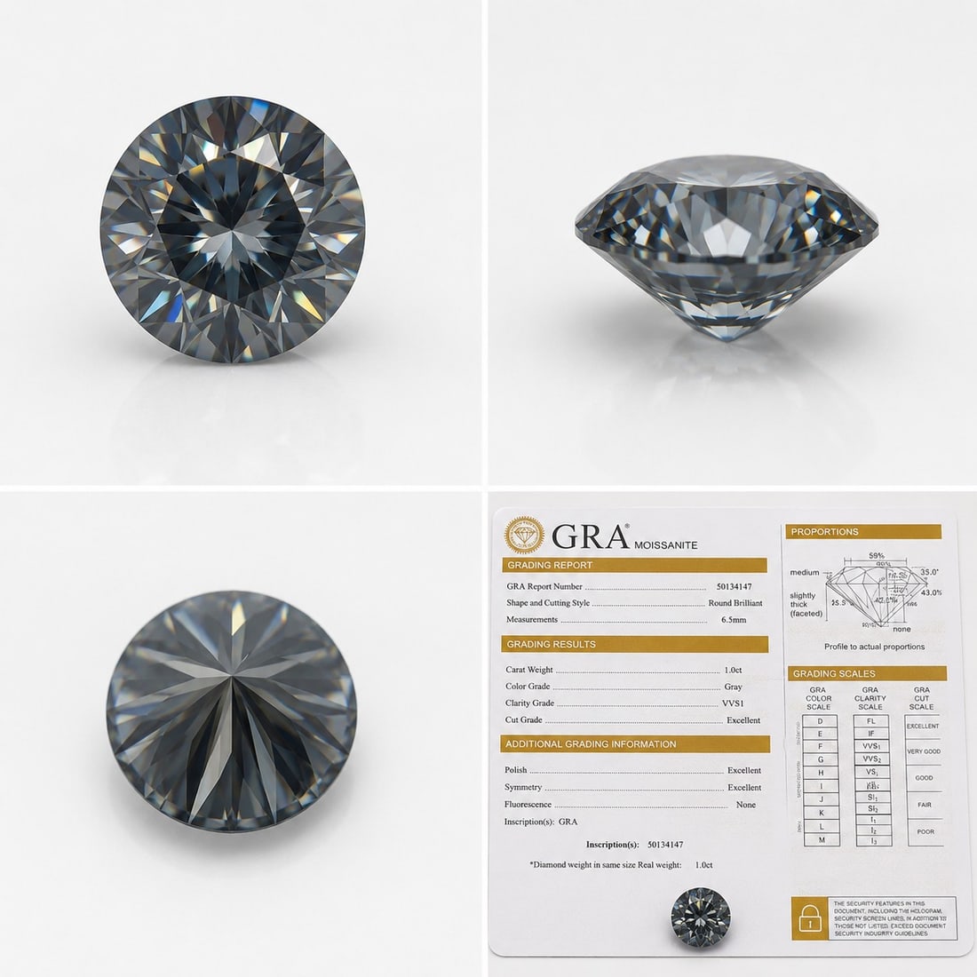 Certified Gray Moissanite 1.00 Ct – 6.5 mm Round Brilliant Cut – GRA Certified: Title: Certified Gray Moissanite 1.00 Ct – 6.5 mm Round Brilliant Cut – GRA Certified Description: Elegant 1.00 carat Gray Moissanite featuring a precision Round Brilliant Cut and