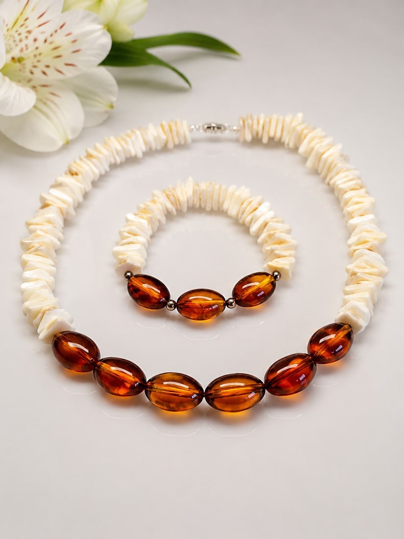 Handmade White Shell and Amber Glass Bead Necklace & Bracelet Set (1 of 1)