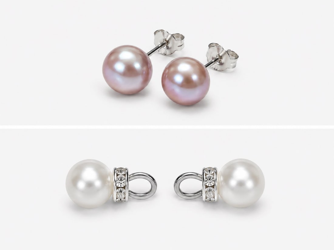 Silver-Plated Double Pearl Earrings – Pink & White Pearl Design (1 of 2)