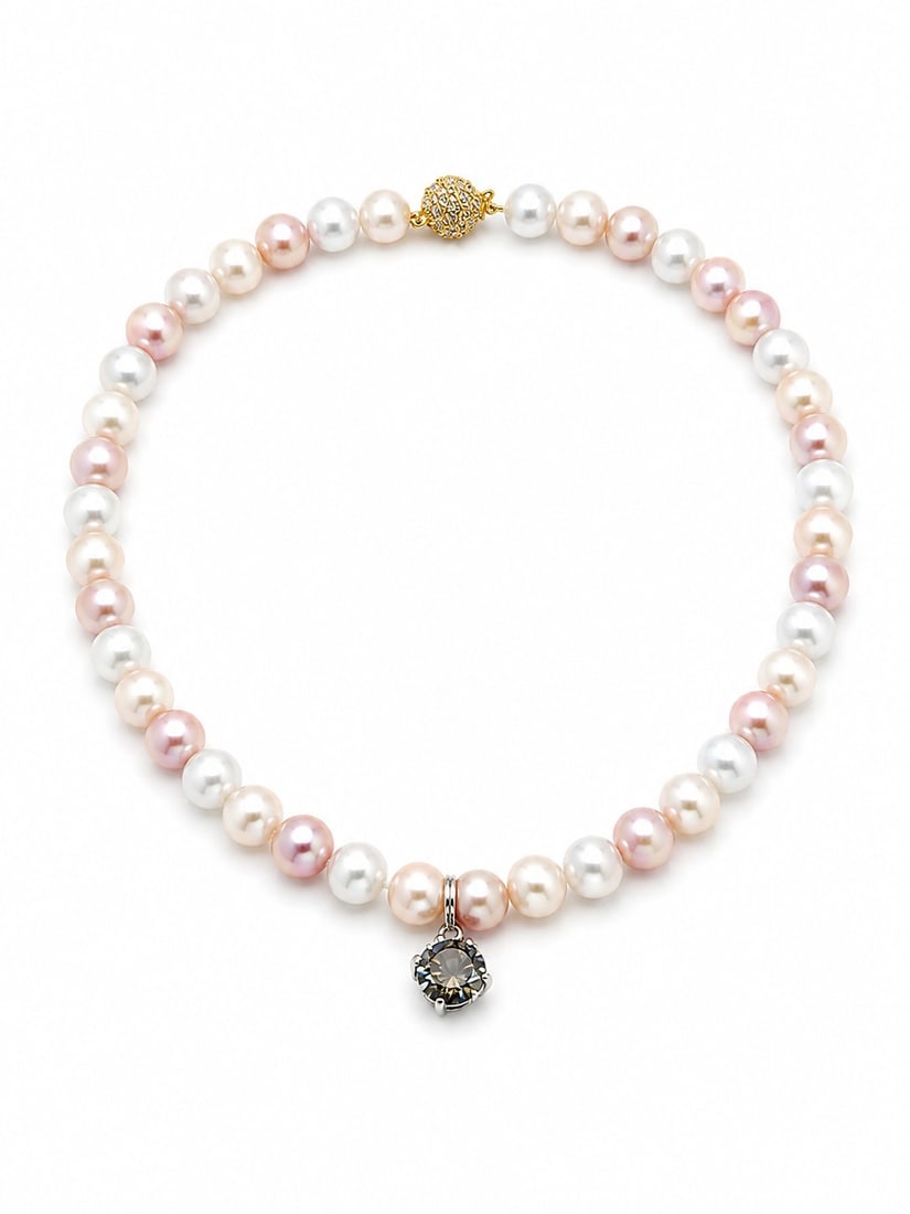 Certified Moissanite Pendant On Multicolour Freshwater Pearl Necklace: Title: Certified Moissanite Pendant On Multicolour Freshwater Pearl Necklace Description: Elegant multicolour freshwater pearl necklace featuring a sparkling certified round brilliant moissanite
