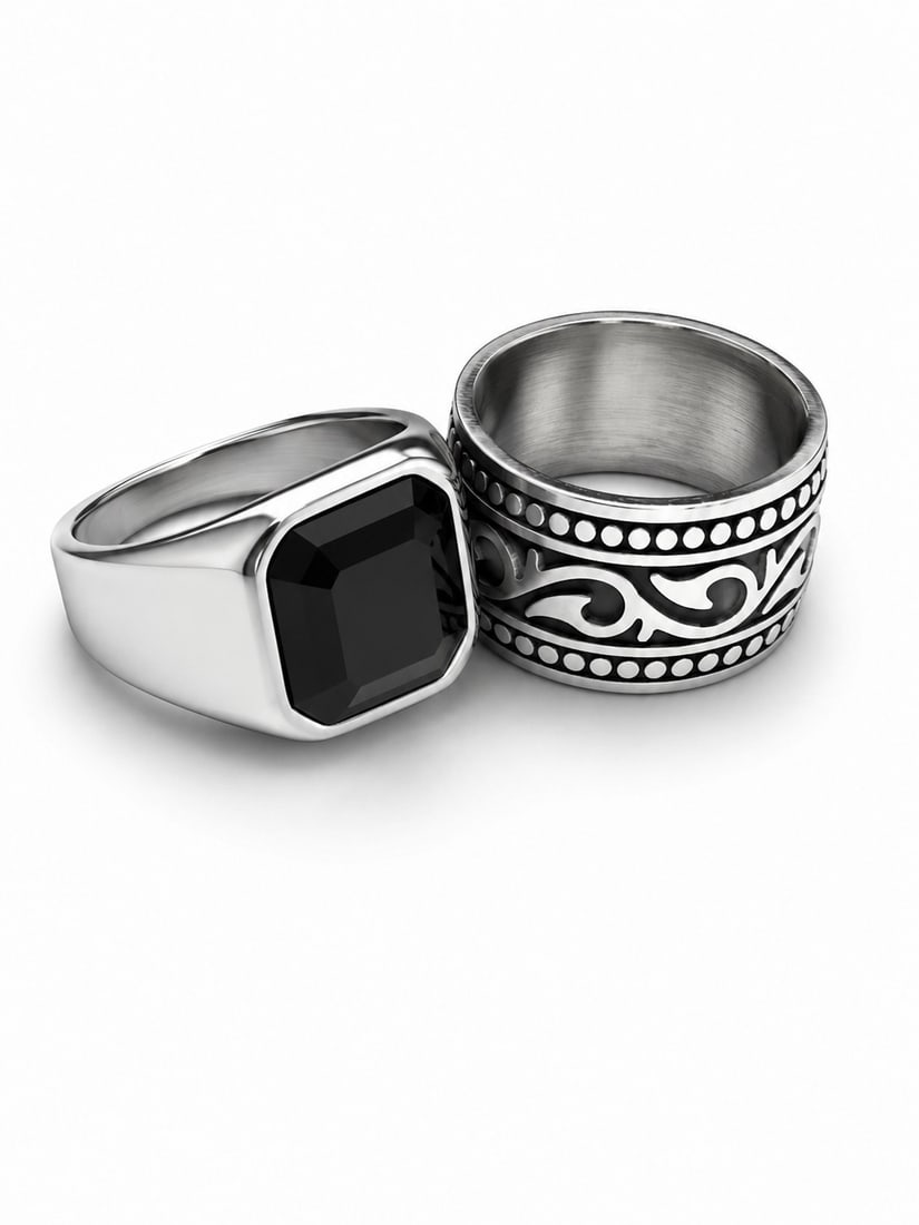 Stainless Steel Men's Rings – Black Signet & Engraved Band – Set of 2 (1 of 1)