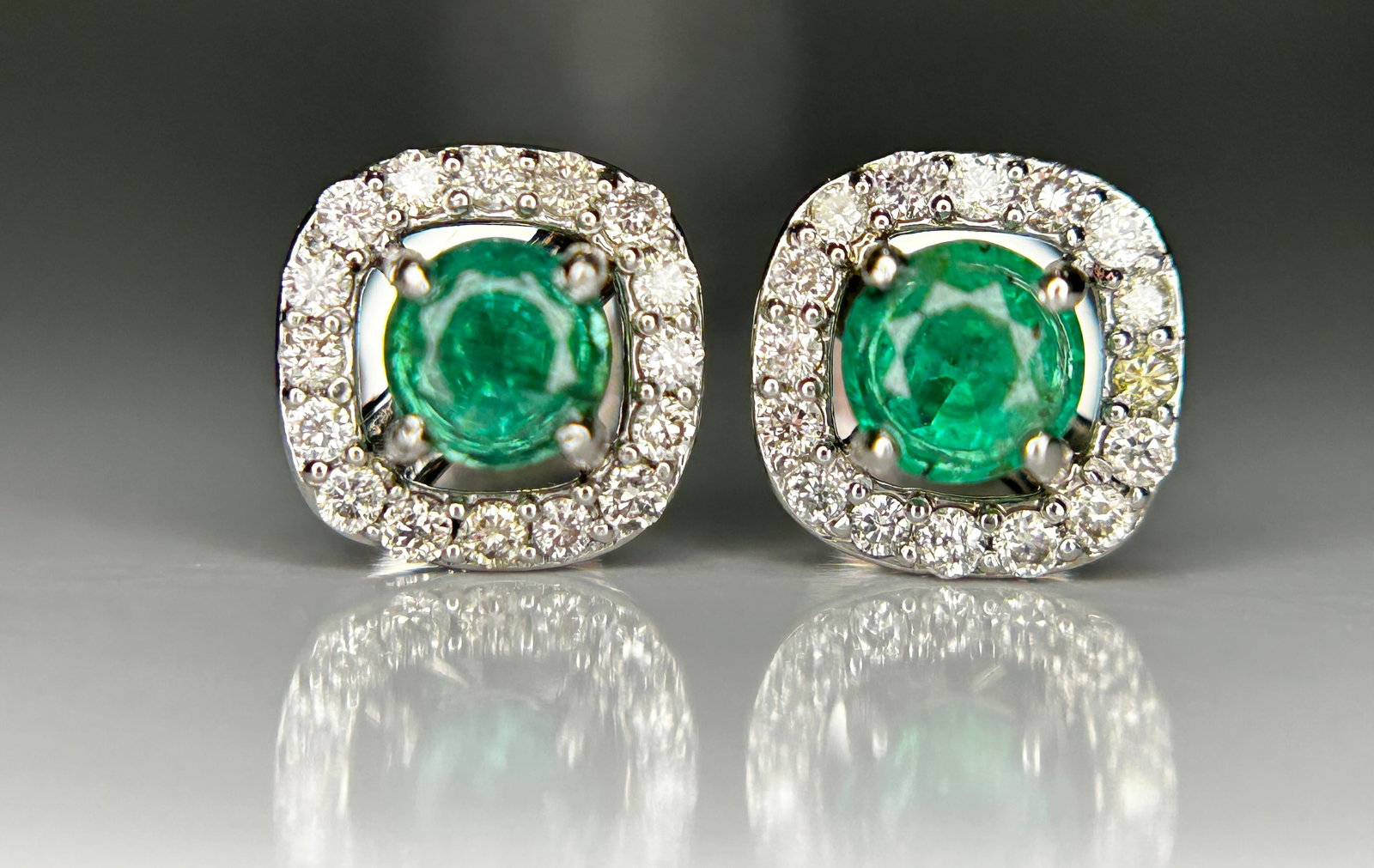 Beautiful 0.49ct Natural Emerald Halo Set Stud Earrings With Diamonds In Platinum 950: Title: Beautiful 0.49ct Natural Emerald Halo Set Stud Earrings With Diamonds In Platinum 950 Description: Beautiful Natural Emerald Halo Set Stud Earrings With Diamonds In Platinum 950 Des