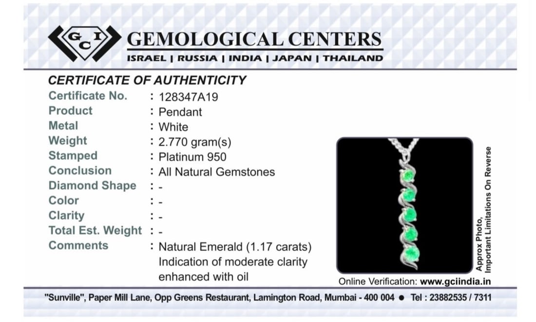 Beautiful 1.17ct Natural Emerald Pendant With Platinum 950 - 12