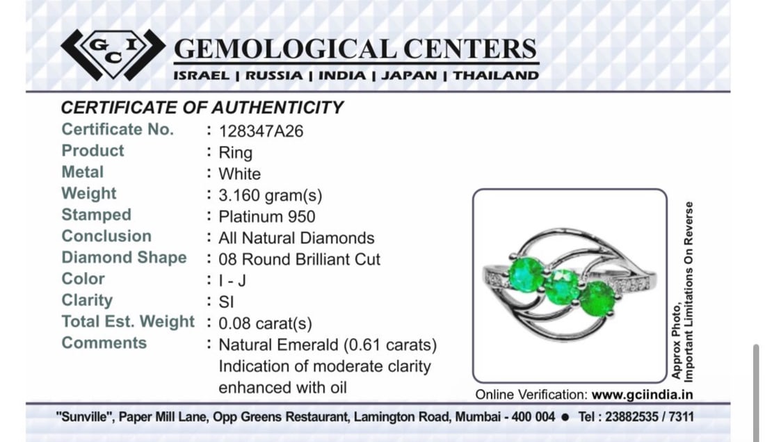 Beautiful 0.61Ct Natural Emerald Ring With Natural Diamonds & Platinum 950 - 9