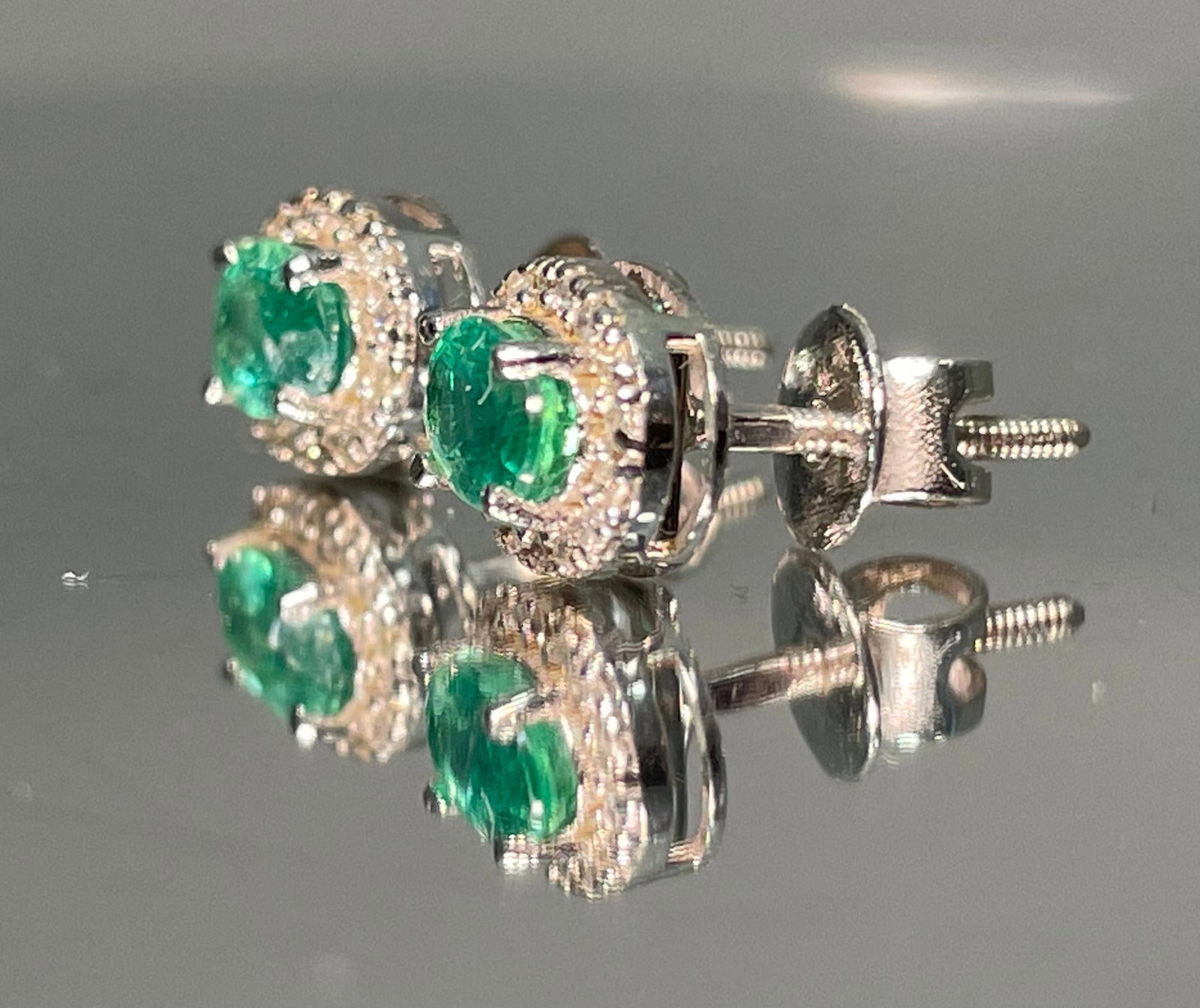 Beautiful Natural Emerald Halo Set Stud Earrings 18k White Gold - 3