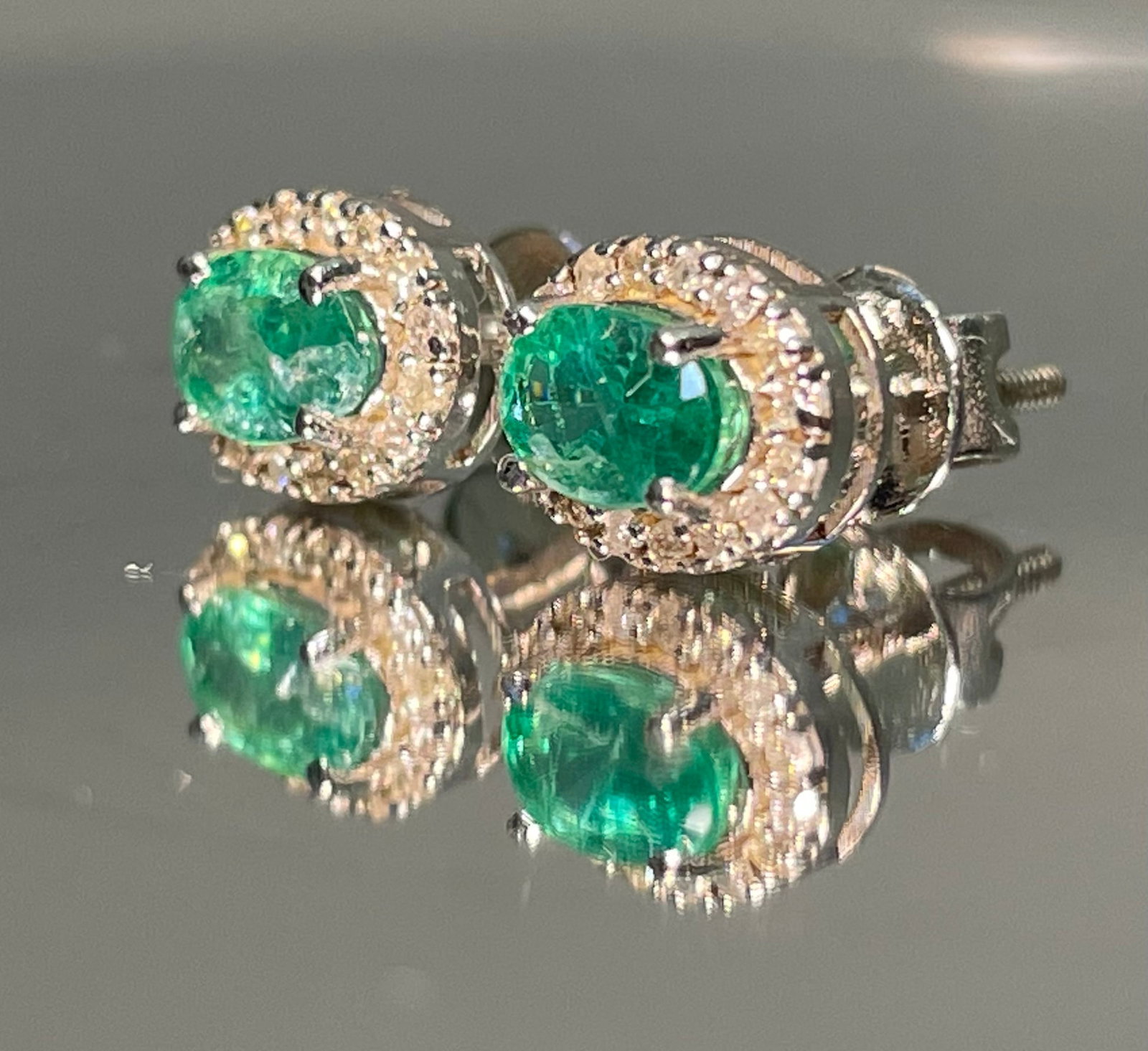 Beautiful Natural Emerald Halo Set Stud Earrings 18k White Gold - 4