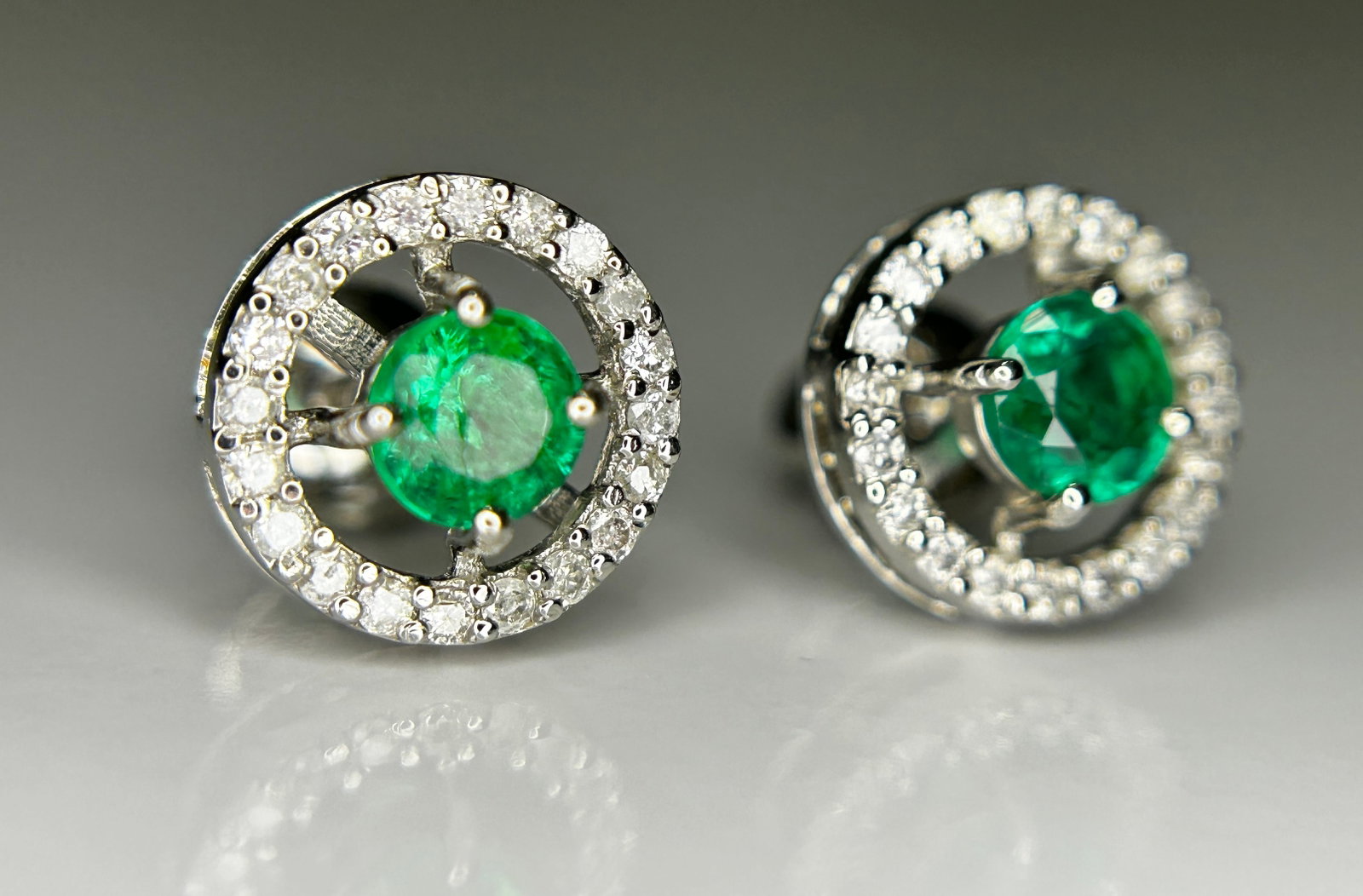 Beautiful 0.53ct Natural Emerald Halo Set Stud Earrings, Diamonds In Platinum 950 - 3