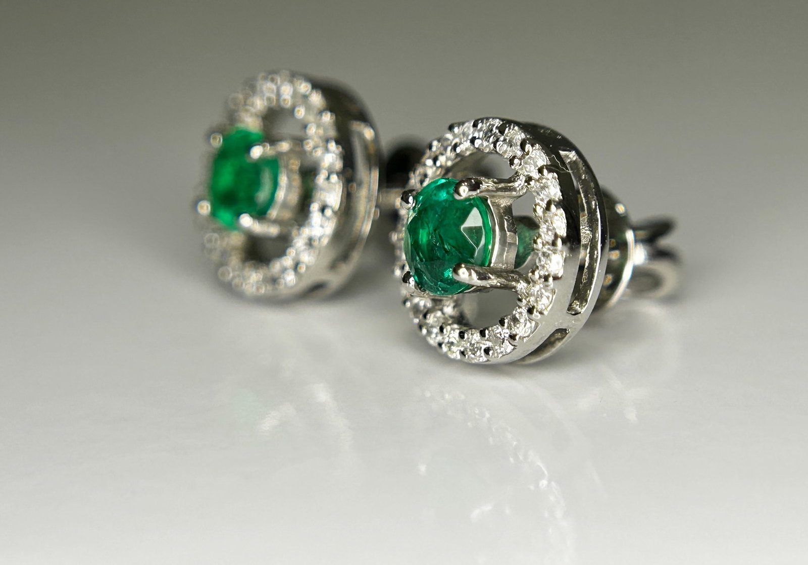 Beautiful 0.53ct Natural Emerald Halo Set Stud Earrings, Diamonds In Platinum 950 - 6