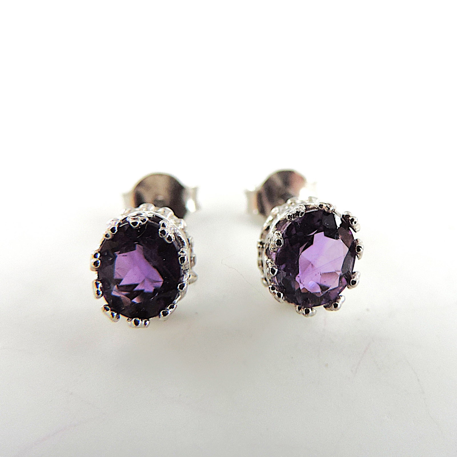 925 Silver Amethyst Gemstone Stud Earrings 'New' - 2