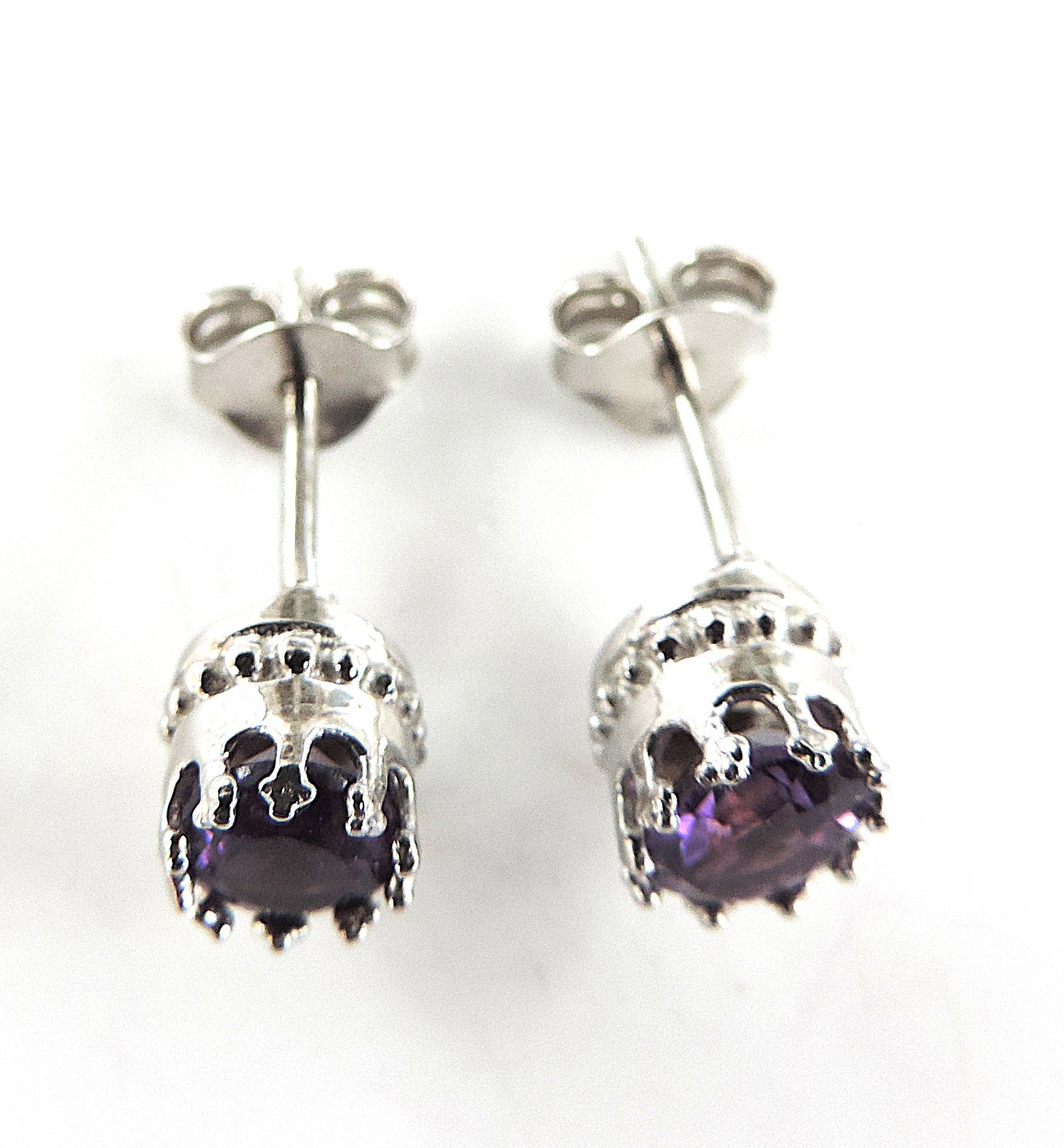 925 Silver Amethyst Gemstone Stud Earrings 'New' - 3