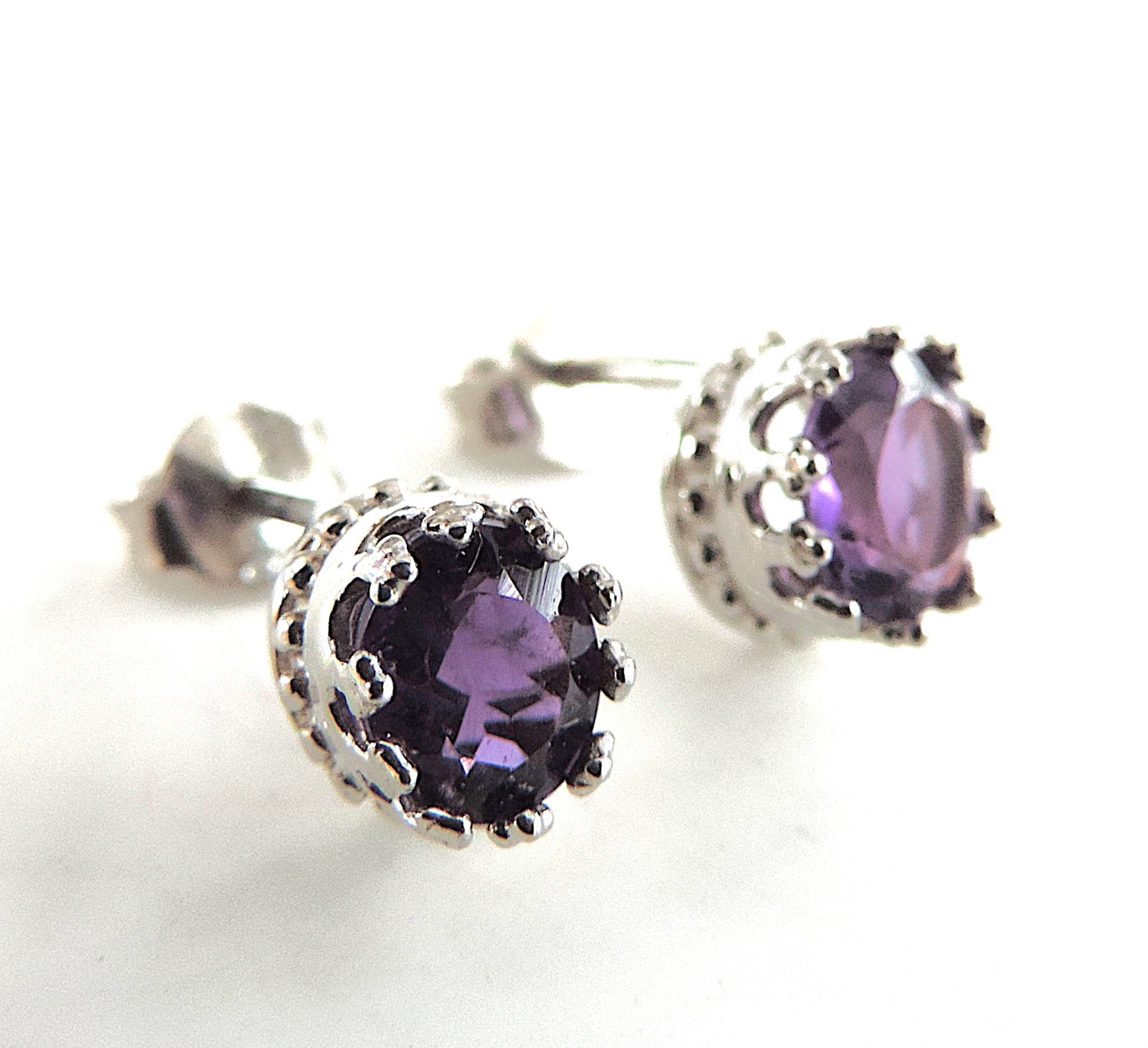 925 Silver Amethyst Gemstone Stud Earrings 'New' - 4