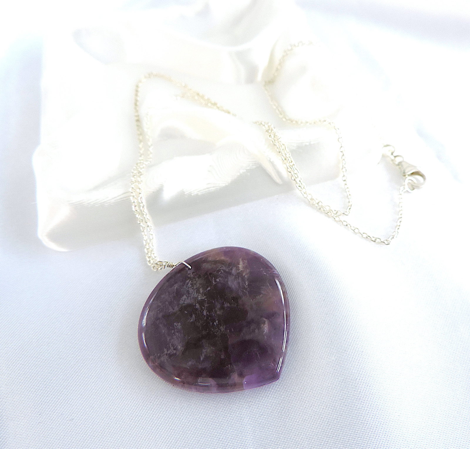 Polished Amethyst Gemstone Heart Necklace on 20 Inch 925 Silver Chain - 2