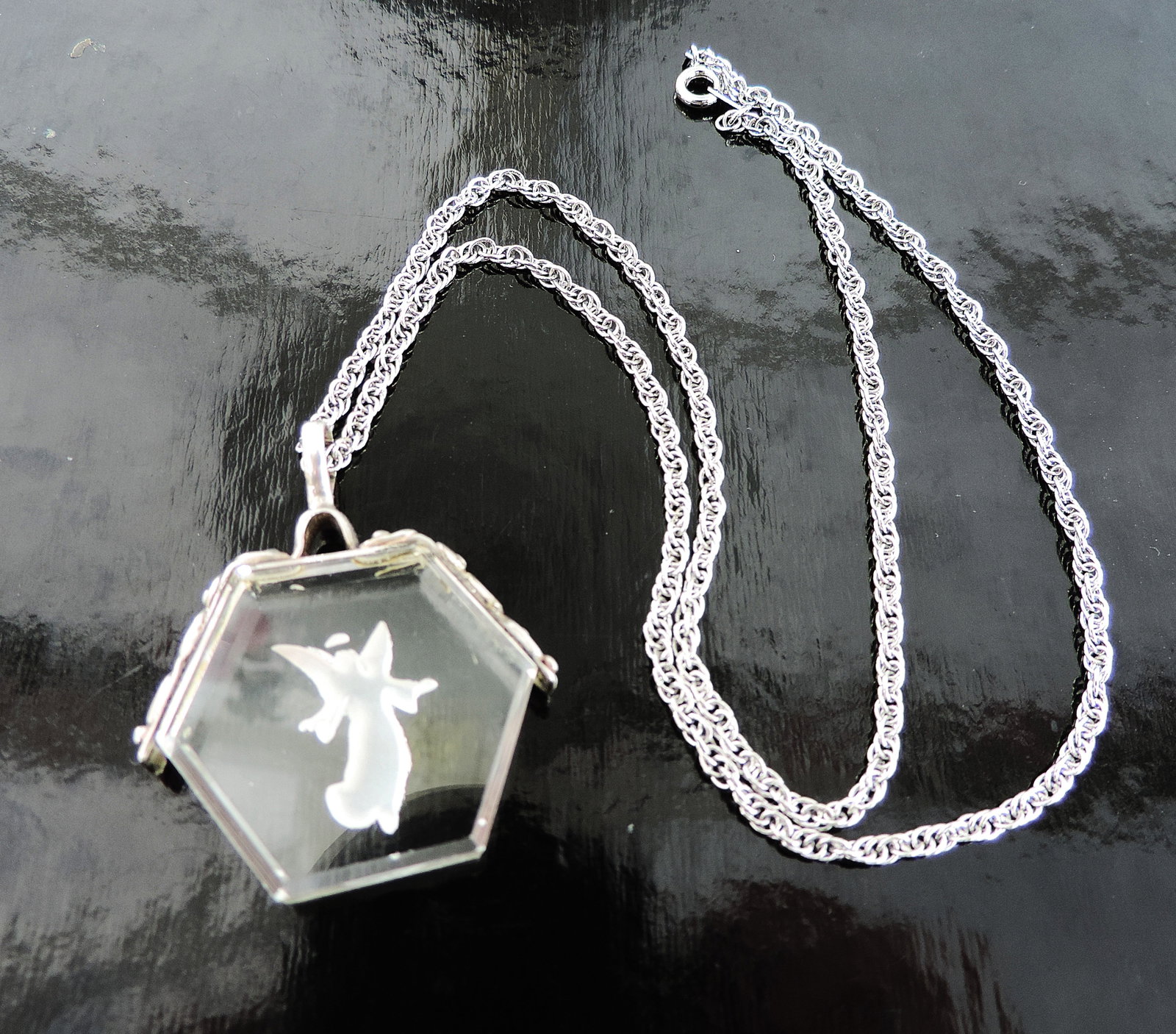 Antique 925 Silver Rock Crystal Carved Angel Intaglio Necklace - 2