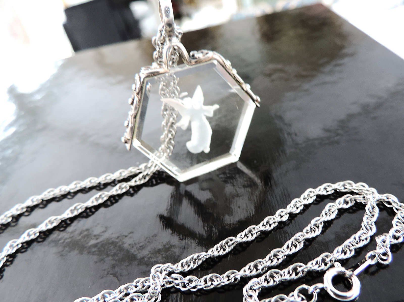 Antique 925 Silver Rock Crystal Carved Angel Intaglio Necklace - 3