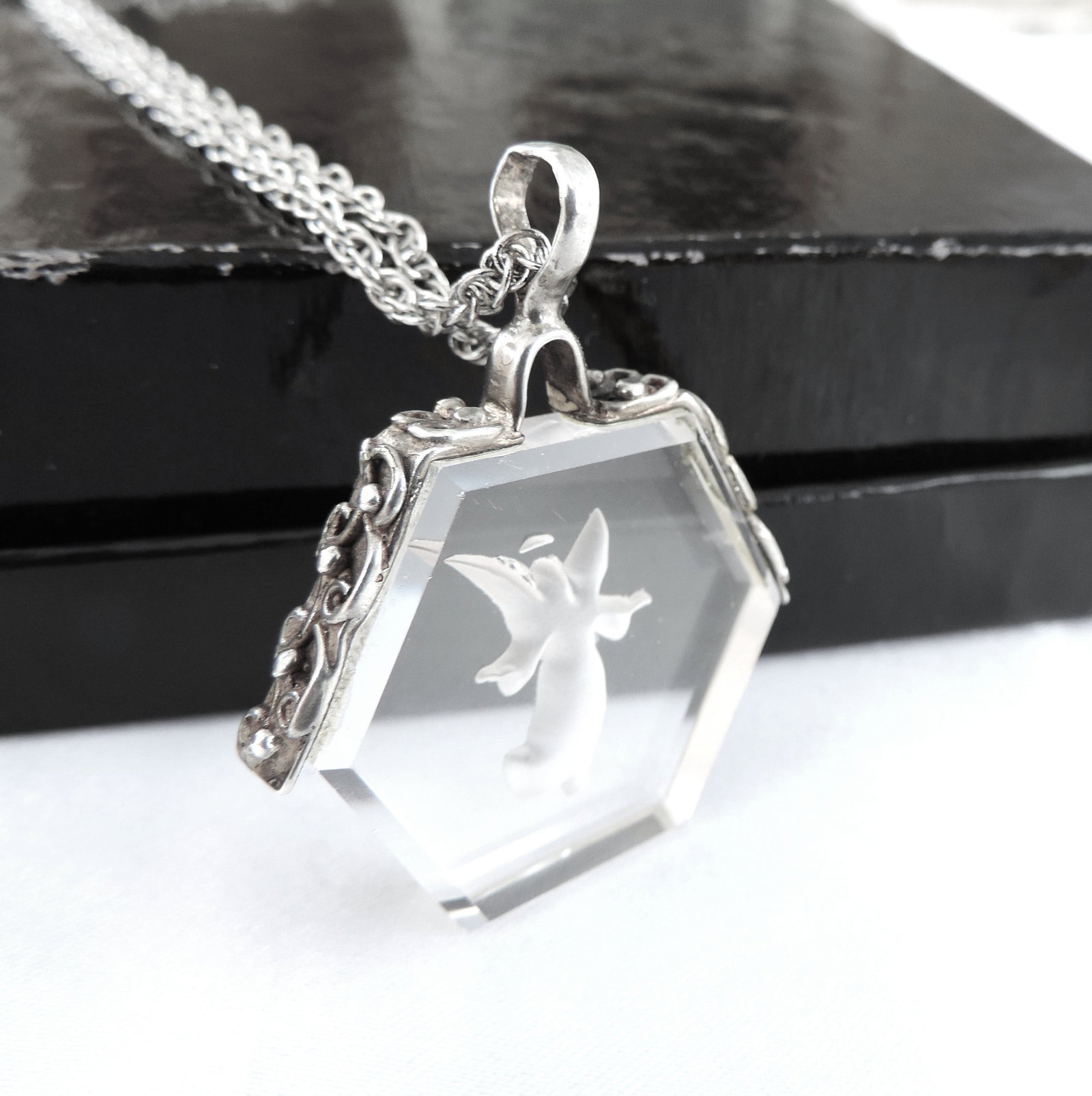 Antique 925 Silver Rock Crystal Carved Angel Intaglio Necklace - 4