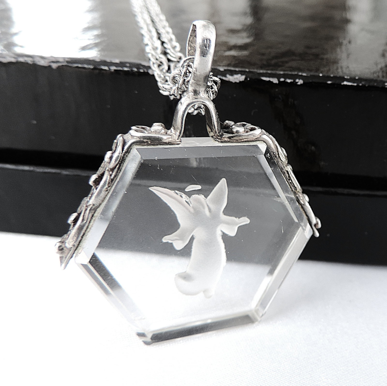 Antique 925 Silver Rock Crystal Carved Angel Intaglio Necklace - 5