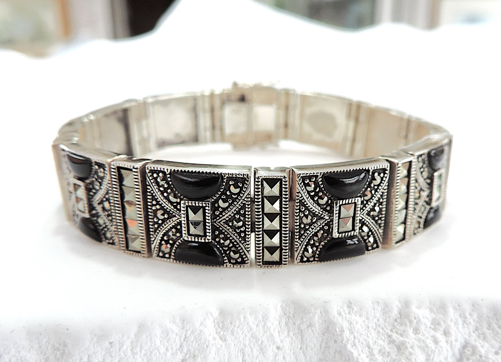 Artisan Art Deco 925 Silver Black Jet & Marcasite Bracelet 46.5 grams - 2