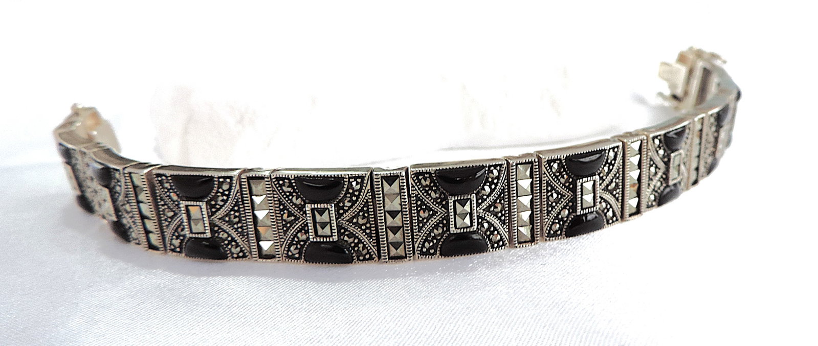 Artisan Art Deco 925 Silver Black Jet & Marcasite Bracelet 46.5 grams - 4