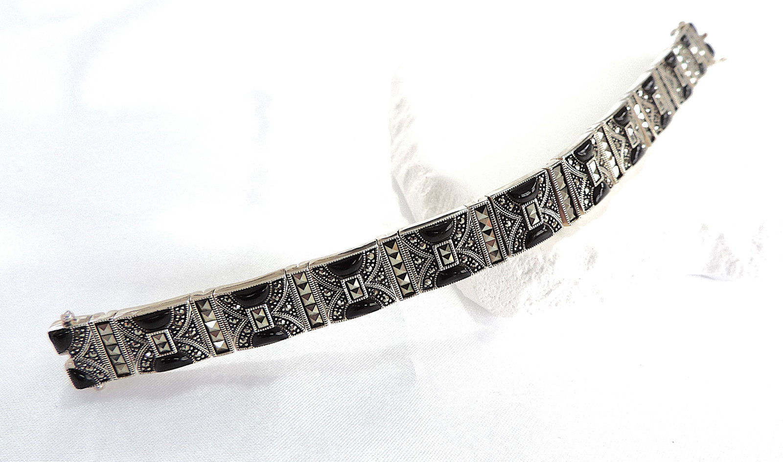 Artisan Art Deco 925 Silver Black Jet & Marcasite Bracelet 46.5 grams - 5