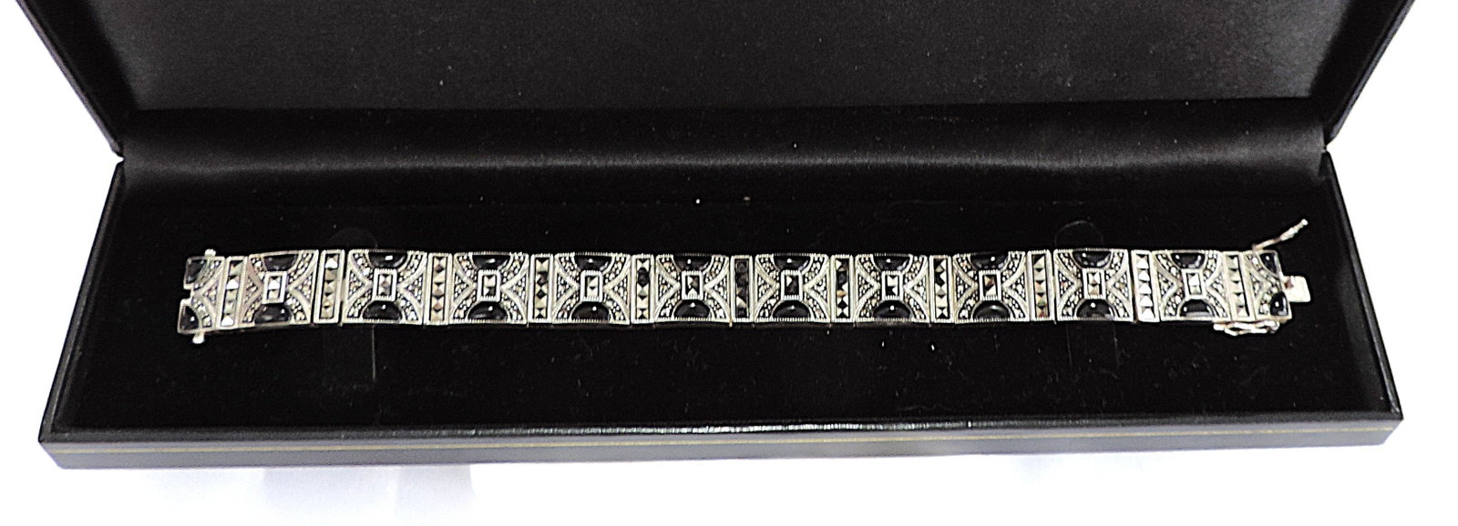 Artisan Art Deco 925 Silver Black Jet & Marcasite Bracelet 46.5 grams - 6