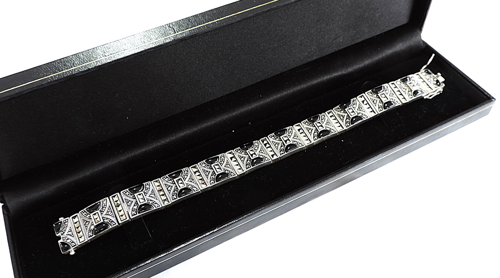 Artisan Art Deco 925 Silver Black Jet & Marcasite Bracelet 46.5 grams - 7