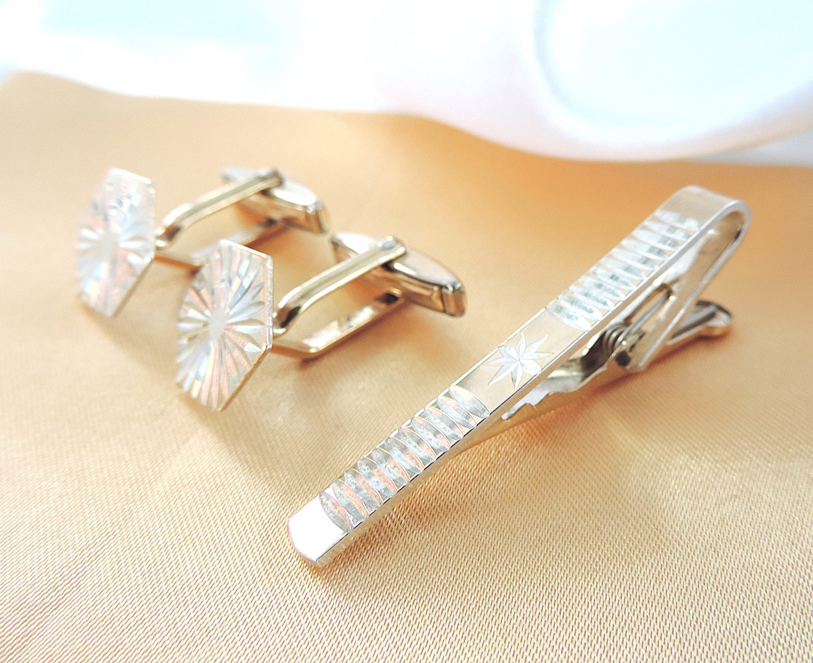 Vintage Gold On Sterling Silver Cufflinks & Tie Clip Set - 2