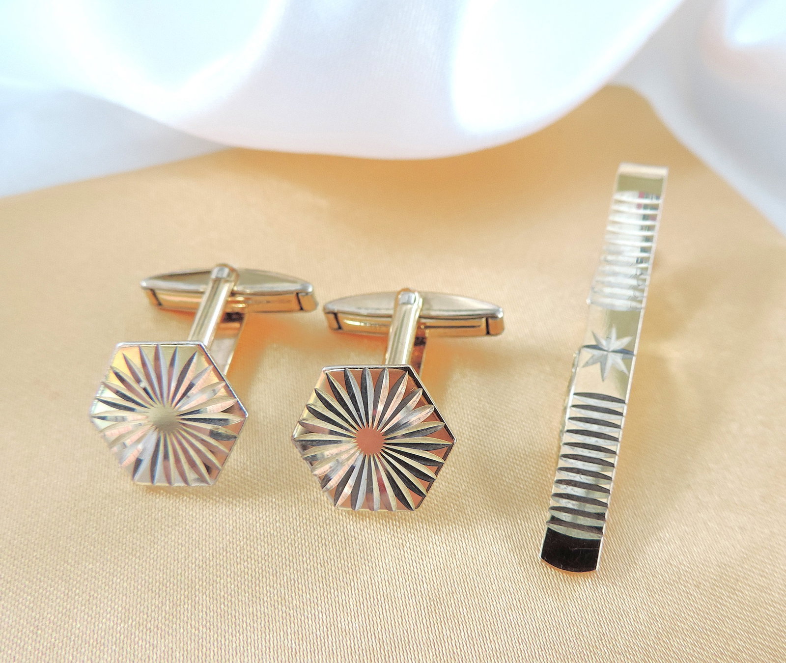 Vintage Gold On Sterling Silver Cufflinks & Tie Clip Set - 3