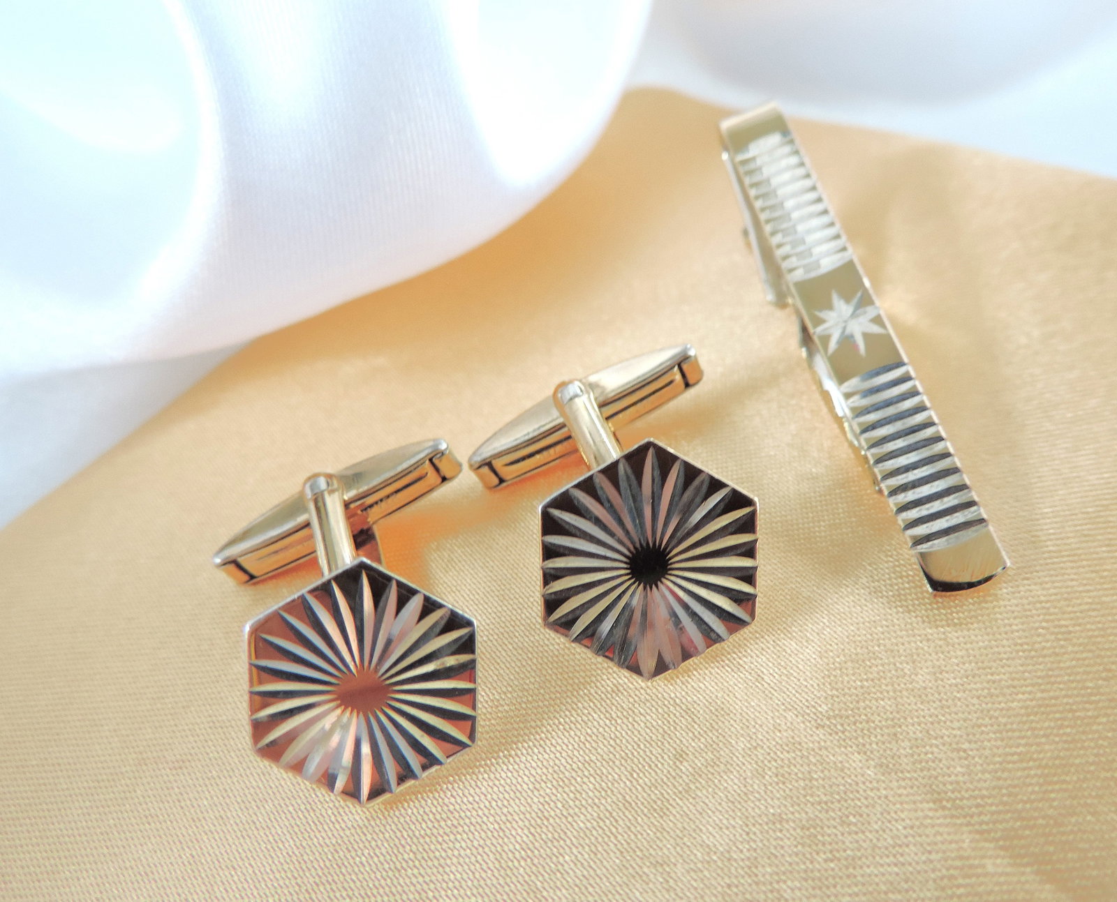 Vintage Gold On Sterling Silver Cufflinks & Tie Clip Set - 5