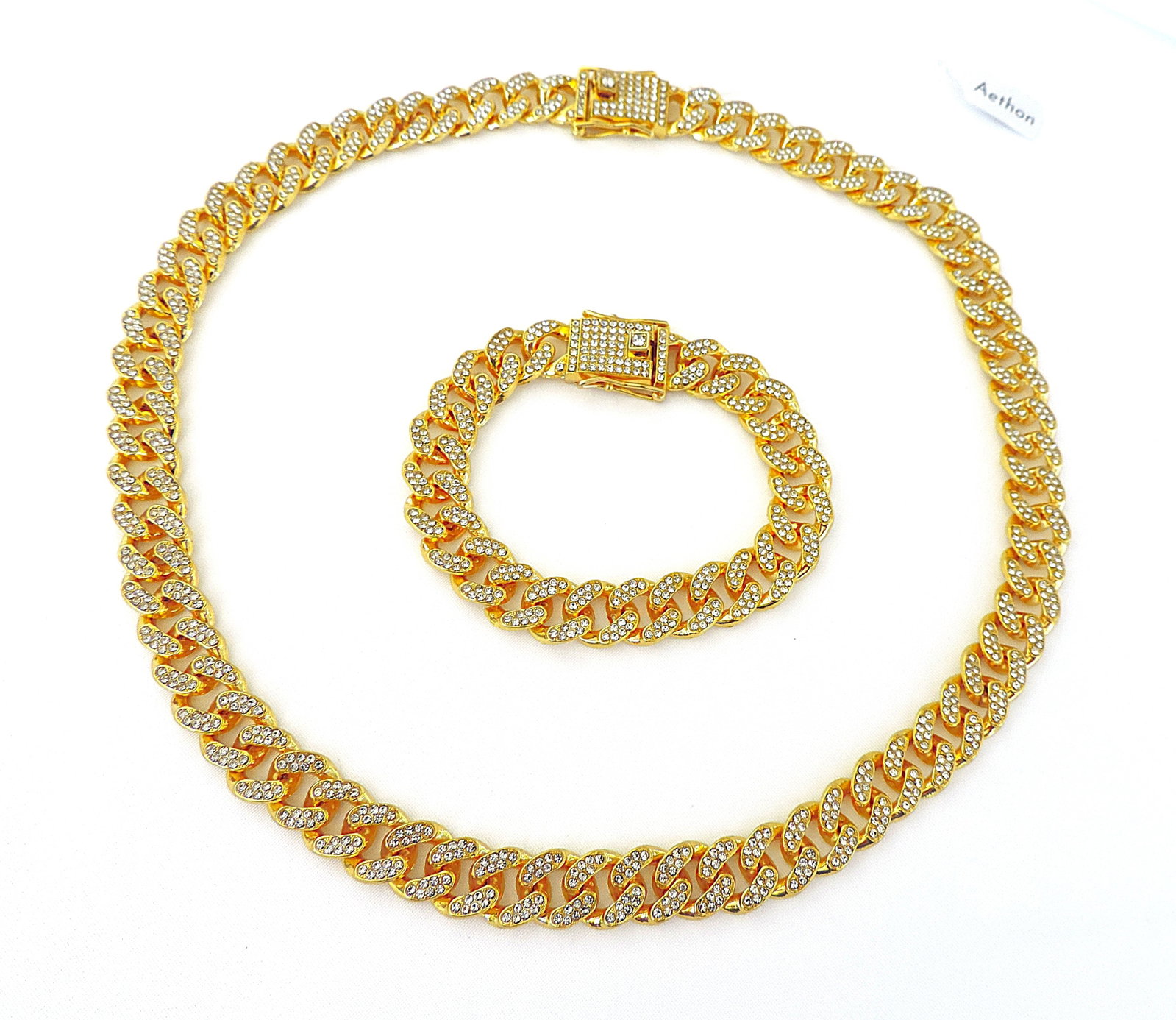 Aethon Men's 14k Gold Plated Cuban Link Zircon Necklace & Bracelet Set - 2