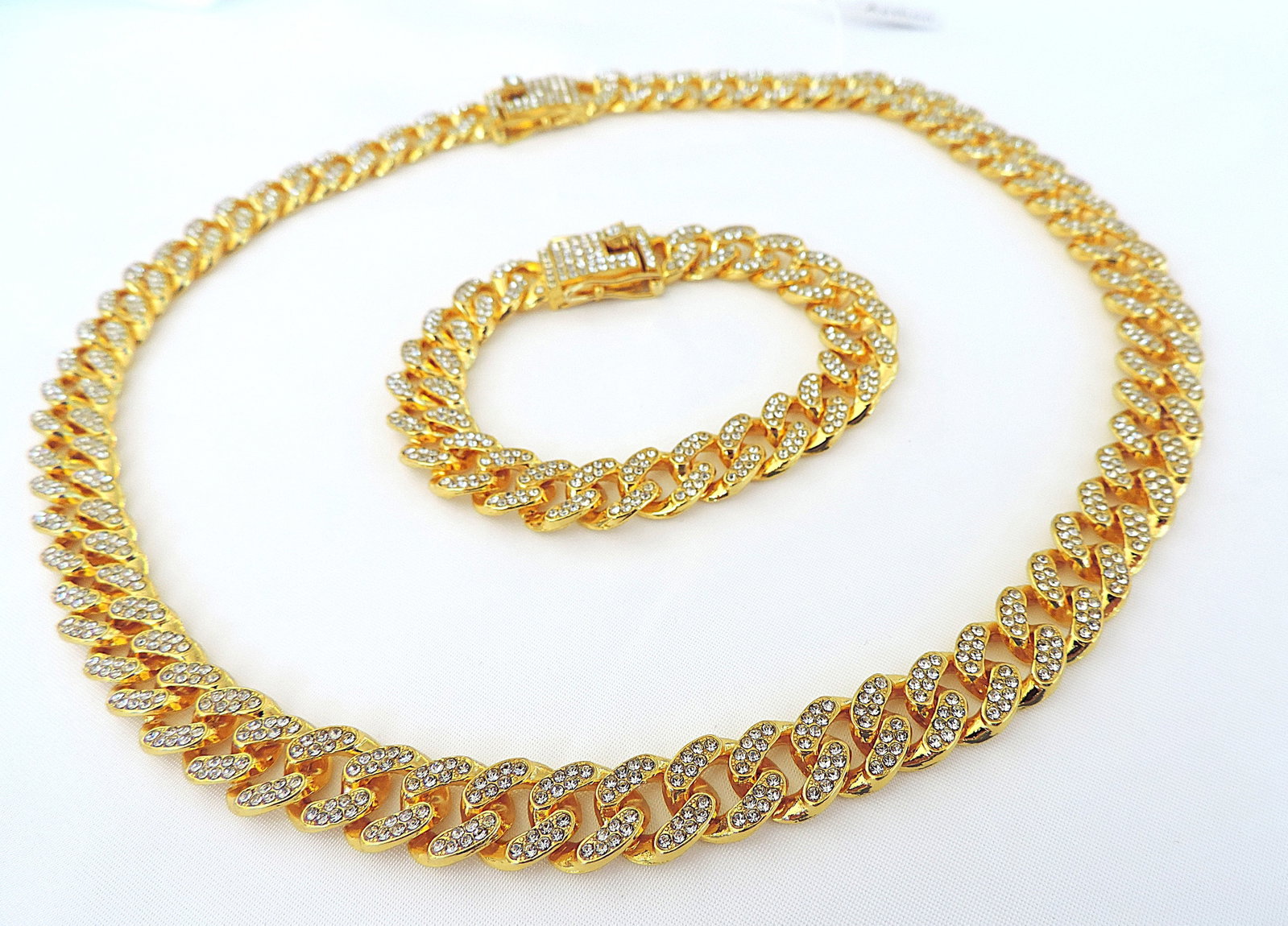 Aethon Men's 14k Gold Plated Cuban Link Zircon Necklace & Bracelet Set - 3