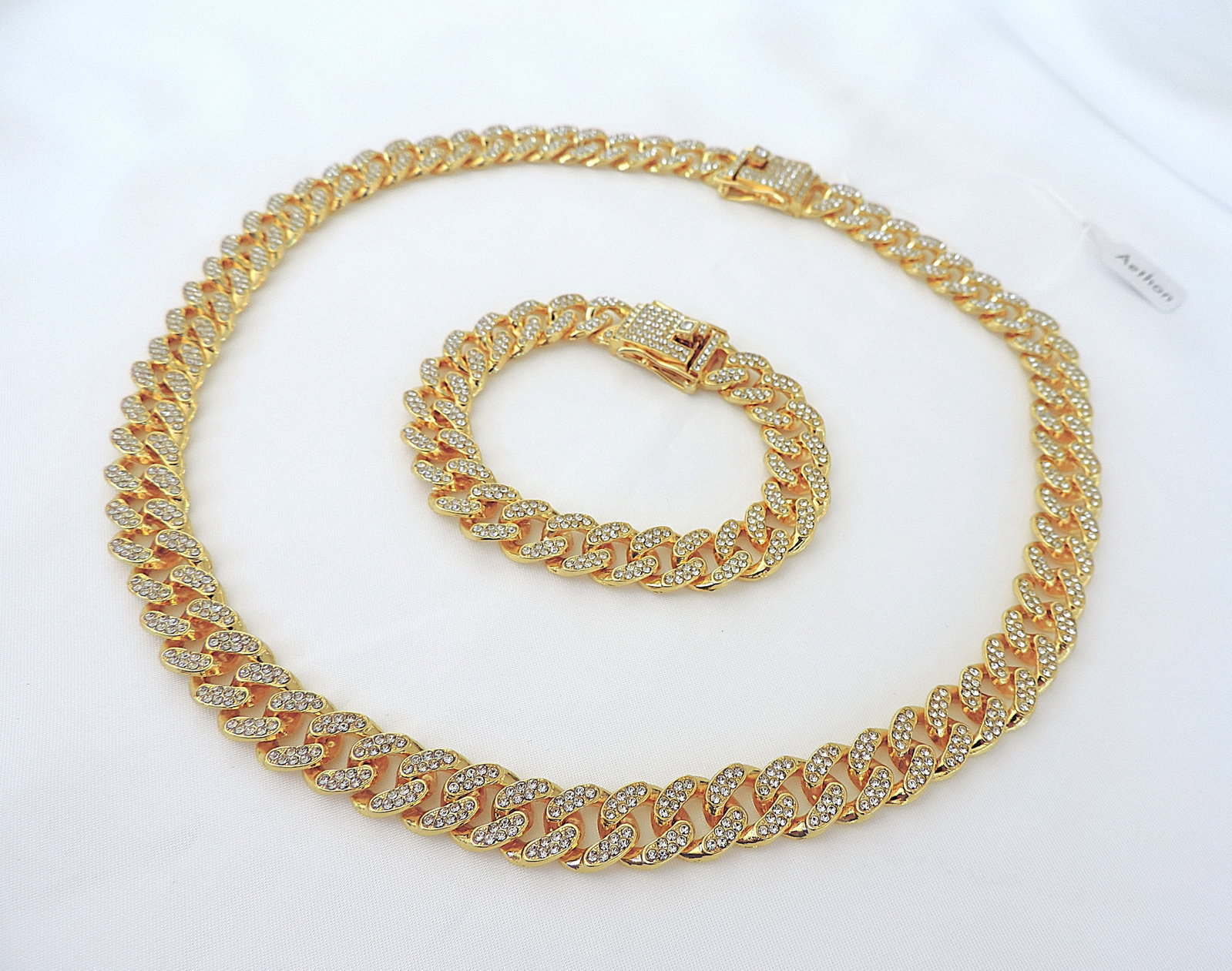 Aethon Men's 14k Gold Plated Cuban Link Zircon Necklace & Bracelet Set - 9