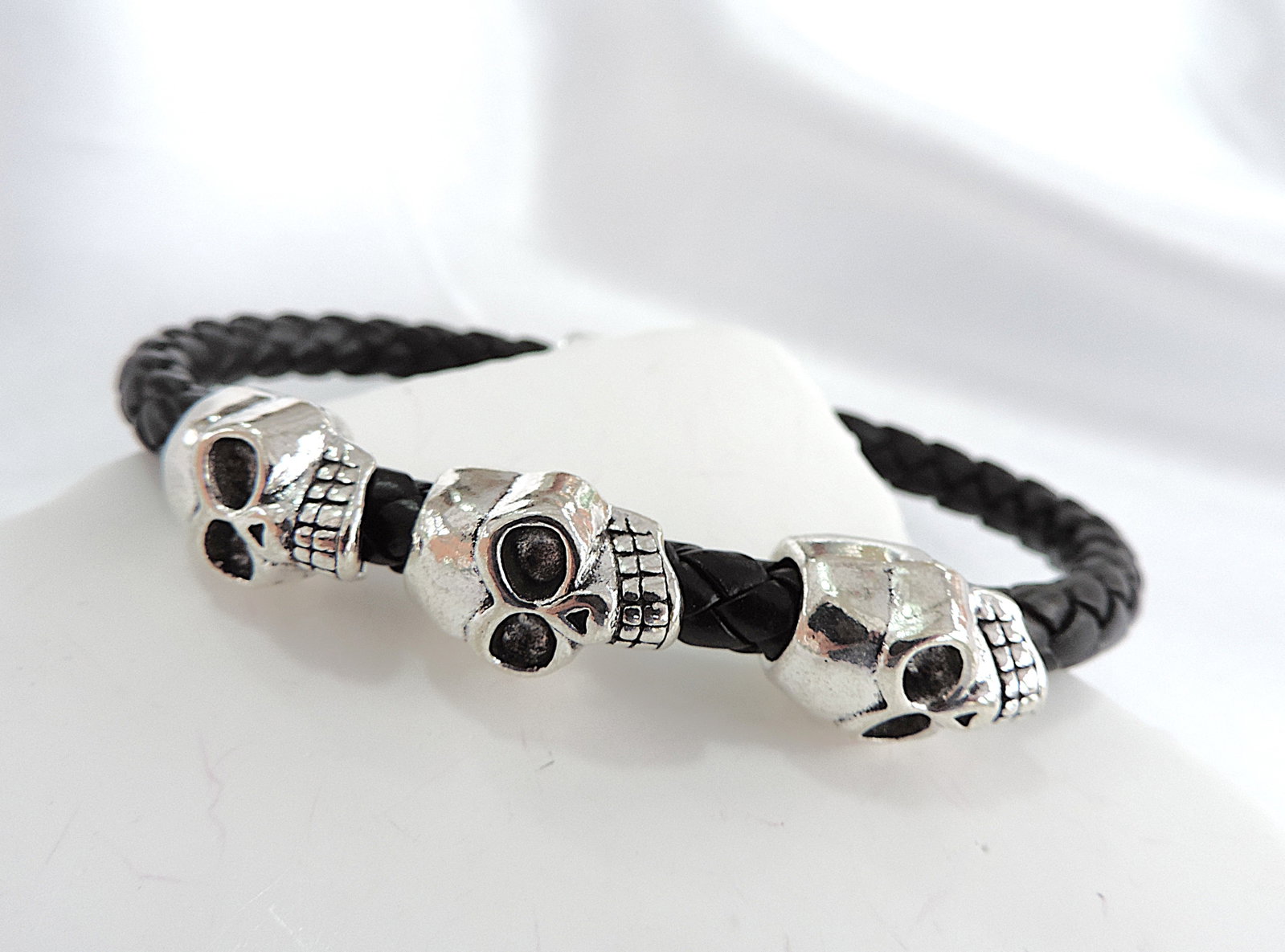 Men's Braided Leather Stainless Steel Skull Head Bracelet - 2
