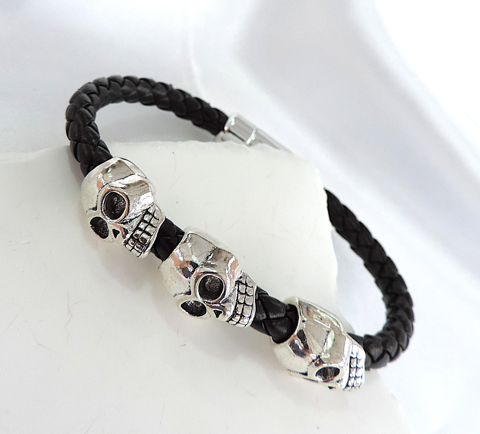Men's Braided Leather Stainless Steel Skull Head Bracelet - 3