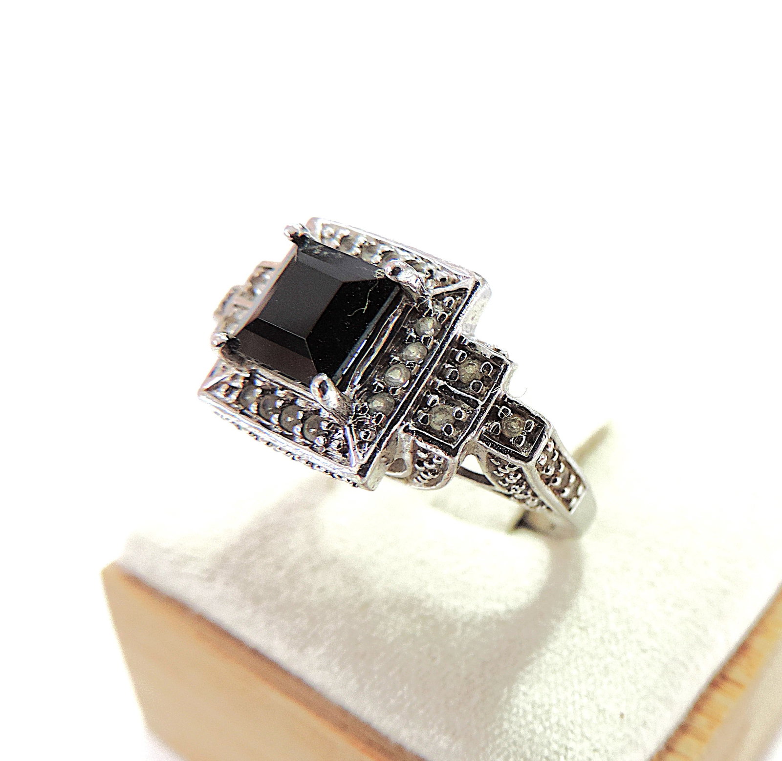 Vintage Art Deco Style 925 Silver Black Jet & White Sapphire Ring - 3