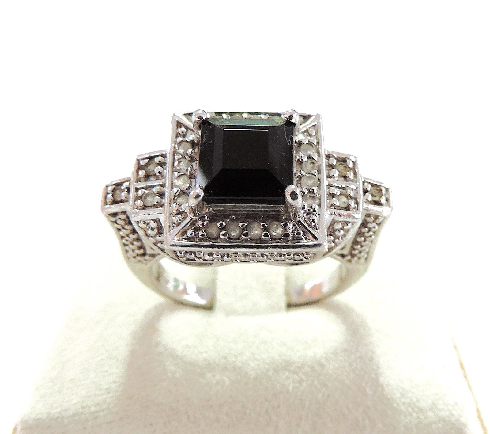 Vintage Art Deco Style 925 Silver Black Jet & White Sapphire Ring - 4