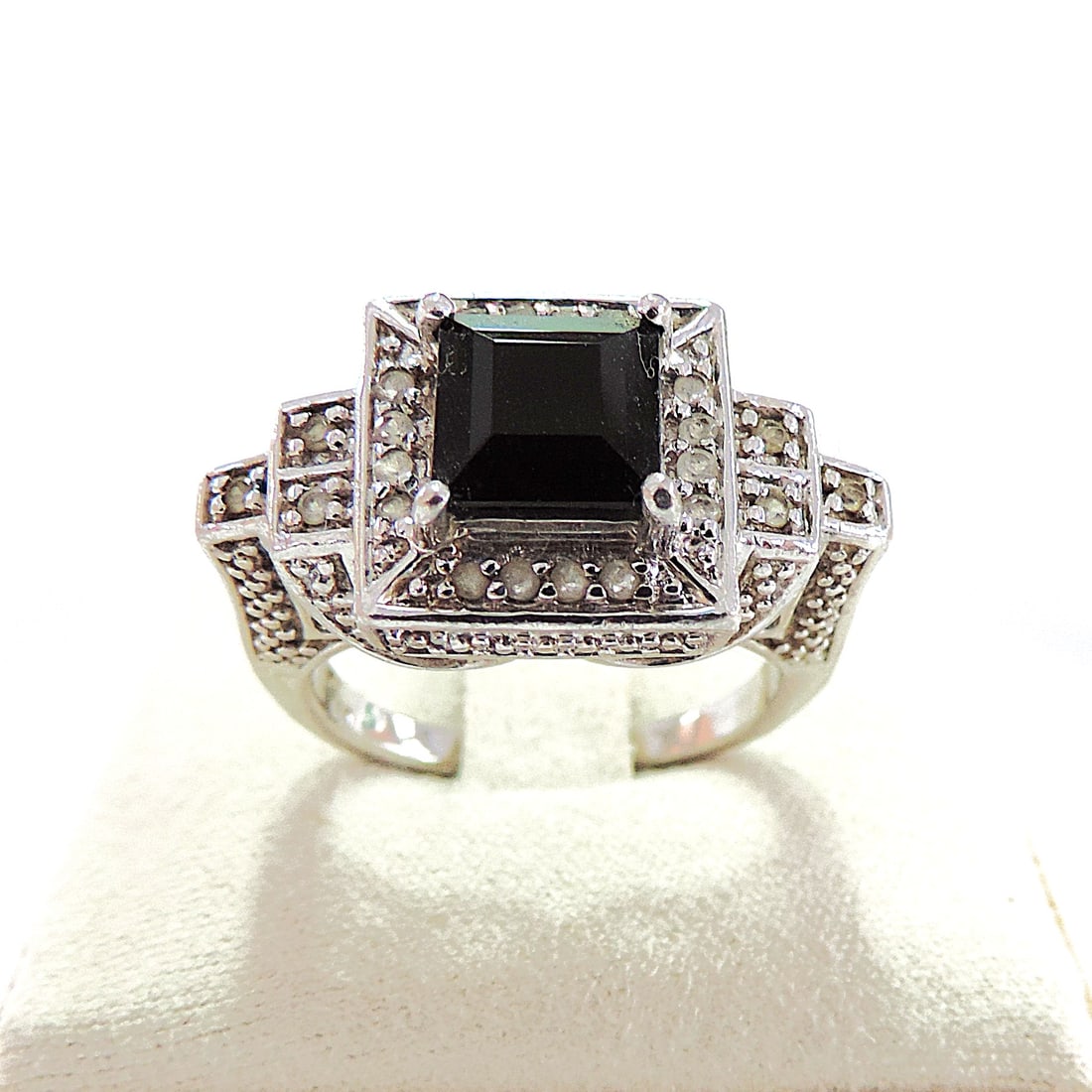 Vintage Art Deco Style 925 Silver Black Jet & White Sapphire Ring - 5